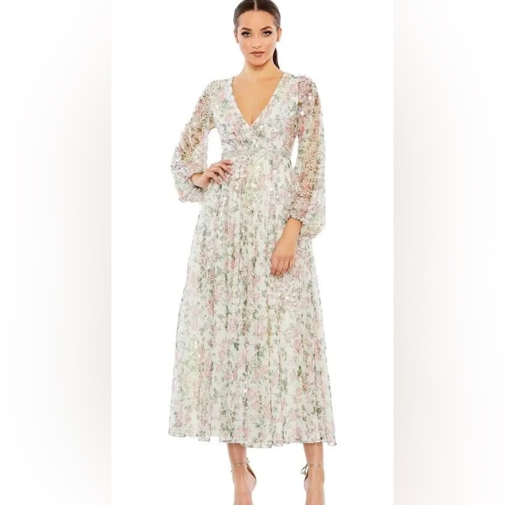 Mac Duggal Floral V-Neck Midi Dress in Pastel Pink and Green